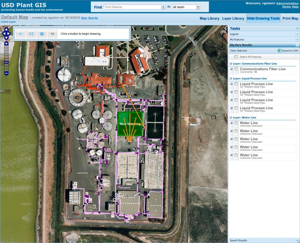 The "Dig Here" feature allows District staff to view all underground lines for a given area. This allows district staff to quickly and easily identify any assets that may be affected by a planned dig.