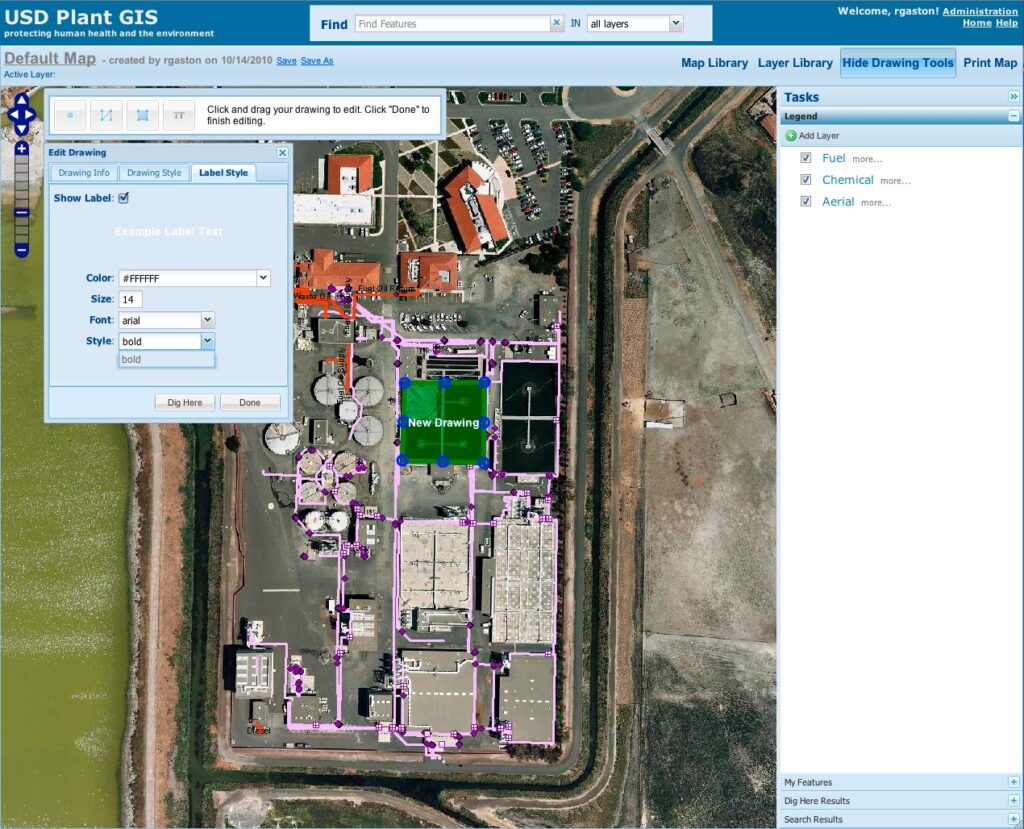 Plant GIS includes fully featured drawing and labeling tools with a user-friendly interface. Using these tools, District staff can freely edit maps to then share with other staff.