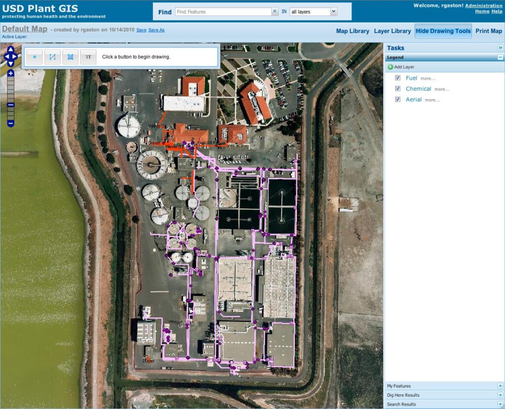 Plant GIS allows users to view and overlay any GIS layers available in the District's ArcGIS Server. Simple maintenance workflows allow the system administrator to easily change which layers are available to Plant GIS users.