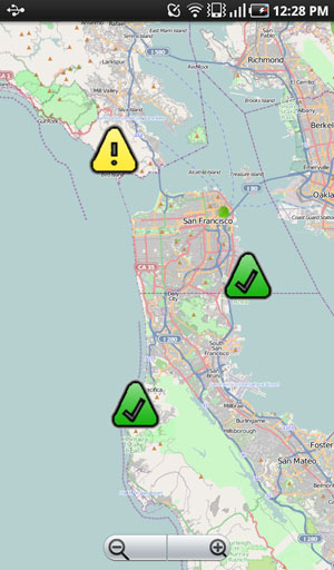 Yellow icons with an exclamation mark represent work orders that the user has not yet completed while green icons with a checkmark represent work orders that have been completed.