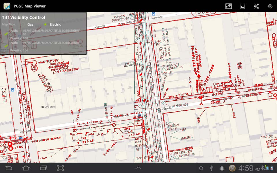 Transparent display of PG&E's electrical maps on top of Google streets data.